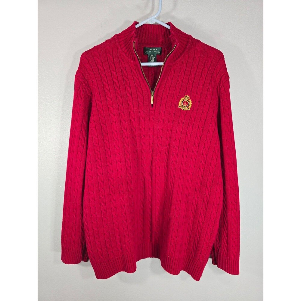 Lauren Ralph Lauren XL Sweater Crest Logo Cable Knit Cotton Red Vintage Zip BE